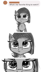 Size: 1250x2129 | Tagged: safe, artist:chopsticks, oc, oc only, oc:cookie cutter, pegasus, pony, ask, ask cookie cutter, cheek fluff, chest fluff, ear fluff, female, filly, looking at you, monochrome, smiling, smirk, solo, staring into your soul