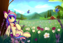 Size: 1280x874 | Tagged: safe, artist:sonigiraldo, oc, oc only, butterfly, earth pony, pony, blushing, bow, detailed background, earth pony oc, female, flower, grass, hair bow, jewelry, leaning, leaning back, looking at something, mare, outdoors, raised hoof, scenery, smiling, solo, tail, tail bow, tree