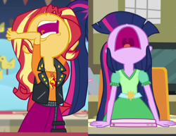 Size: 977x756 | Tagged: safe, edit, edited screencap, screencap, sunset shimmer, twilight sparkle, equestria girls, equestria girls specials, g4, my little pony equestria girls, my little pony equestria girls: better together, my little pony equestria girls: rollercoaster of friendship, aaugh!, come on, comparison, geode of empathy, magical geodes, mawshot, nose in the air, open mouth, stop, uvula, volumetric mouth