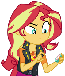 Size: 2581x3047 | Tagged: safe, artist:sketchmcreations, sunset shimmer, equestria girls, equestria girls series, holidays unwrapped, saving pinkie's pie, spoiler:eqg series (season 2), clothes, female, geode of empathy, jacket, leather jacket, magical geodes, raised eyebrow, shoulderless, simple background, skeptical, timer, transparent background, vector