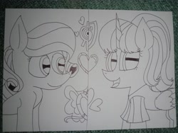 Size: 4160x3120 | Tagged: safe, artist:muhammad yunus, oc, oc only, oc:annisa trihapsari, oc:hsu amity, alicorn, earth pony, pony, clothes, code lyoko, cutie mark, duo, female, heart, i can't believe it's not 徐詩珮, irl, looking at you, mare, missing accessory, no glasses, open mouth, paw patrol, photo, siblings, sisters, smiling, traditional art, xana