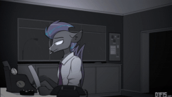 Size: 3840x2160 | Tagged: safe, artist:difis, oc, oc:helios aster, bat pony, anthro, animated, cigarette, high res, noir, office, rain, smoking, solo, sound, typewriter, typing, webm