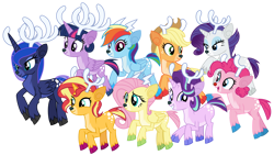 Size: 1024x576 | Tagged: safe, artist:emeraldblast63, idw, applejack, fluttershy, pinkie pie, princess luna, rainbow dash, rarity, starlight glimmer, sunset shimmer, twilight sparkle, alicorn, deer, deer pony, original species, peryton, pony, reindeer, g4, alternate mane seven, deerlight sparkle, mane six, red nose, reindeerified, simple background, species swap, transparent background, twilight sparkle (alicorn)