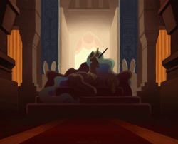 Size: 1089x882 | Tagged: safe, artist:fakedog, edit, editor:anonymous, princess celestia, pony, g4, amazing chest ahead, backlighting, couch, dark, dark souls, female, gwynevere, lying down, on side, pixiv, sfw edit, shadows, silhouette, solo, throne