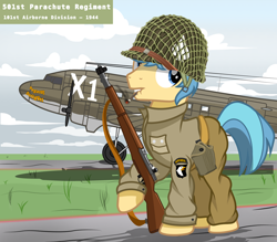 Size: 4000x3500 | Tagged: safe, artist:pizzamovies, oc, oc only, oc:checker blue, pony, series:ponies on the front, 101st airborne, aircraft, c-47 skytrain, canteen, cigarette, clothes, helmet, m1 garand, m1 helmet, male, military uniform, paratrooper, plane, show accurate, smoking, solo, stallion, uniform, world war ii