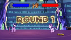 Size: 1193x676 | Tagged: safe, edit, edited screencap, screencap, starlight glimmer, twilight sparkle, alicorn, pony, unicorn, them's fightin' herds, every little thing she does, g4, community related, discovery family, discovery family logo, fighting game, horn, library, life bar, logo, looking at each other, looking at someone, raised hoof, twilight sparkle (alicorn), twilight's castle, twilight's castle library, video game