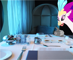 Size: 1280x1057 | Tagged: safe, artist:oceanrailroader, queen novo, fish, hippogriff, g4, my little pony: the movie, irl, photo, silverware, table