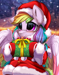 Size: 2550x3209 | Tagged: safe, artist:pridark, part of a set, oc, oc only, oc:violet scatter prism, pony, :p, adorable face, blushing, christmas, commission, cute, glasses, hat, headset, high res, holding, holiday, present, santa hat, solo, tongue out, ych result