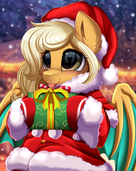 Size: 2550x3209 | Tagged: safe, artist:pridark, part of a set, oc, oc only, oc:misty, bat pony, pony, :p, adorable face, bat pony oc, bat wings, blushing, christmas, commission, cute, glasses, hat, high res, holding, holiday, older, present, santa hat, solo, teenager, tongue out, wings, ych result