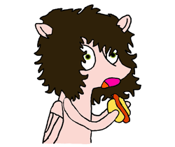 Size: 689x582 | Tagged: safe, artist:kokopingas98, oc, oc only, oc:anthon, pegasus, pony, cute, digital art, femboy, food, girly, hair, hot dog, male, meat, newbie artist training grounds, open mouth, ponysona, sausage, simple background, solo, teenager, white background