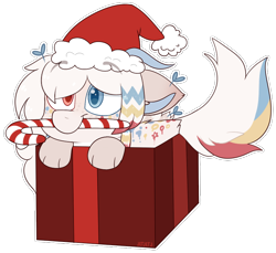 Size: 822x753 | Tagged: safe, artist:jetjetj, part of a set, oc, oc only, oc:kei, draconequus, pony, box, candy, candy cane, commission, female, food, mouth hold, pony in a box, present, simple background, solo, transparent background, ych result