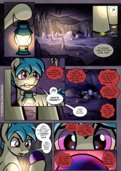 Size: 2480x3508 | Tagged: safe, artist:dsana, oc, oc:fireweed, earth pony, pony, comic:a storm's lullaby, cave, comic, disembodied voice, high res, lantern, magic orb, male, solo, stallion, what in tarnation