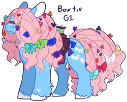 Size: 1024x823 | Tagged: safe, artist:goatpaste, bow tie (g1), earth pony, pony, g1, g4, bag, bow, female, g1 to g4, generation leap, hair bow, hair over eyes, mare, saddle bag, simple background, solo, unshorn fetlocks, white background