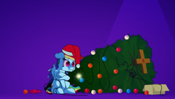 Size: 7680x4320 | Tagged: safe, artist:dacaoo, rainbow dash, pegasus, pony, g4, christmas, christmas lights, christmas tree, grumpy, grumpy dash, hat, holiday, hoof hold, santa hat, sitting, solo, sparkler (firework), tree, wallpaper