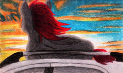 Size: 1280x756 | Tagged: safe, artist:myzanil, oc, oc only, oc:myza nil red, pegasus, pony, car, colored pencil drawing, facing away, index card, lying down, roof, sky, solo, sunrise, traditional art