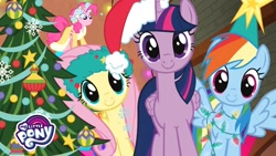 Size: 1280x720 | Tagged: safe, fluttershy, pinkie pie, rainbow dash, twilight sparkle, alicorn, earth pony, pegasus, pony, g4, christmas, christmas tree, hat, holiday, looking at you, my little pony logo, santa hat, tree, twilight sparkle (alicorn), youtube thumbnail