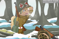 Size: 3000x2000 | Tagged: safe, artist:pizzamovies, oc, oc only, oc:wheat brand, earth pony, pony, series:ponies on the front, clothes, forest, gun, helmet, high res, m1 garand, m1 helmet, male, medic, military uniform, rifle, show accurate, snow, snowfall, solo, stallion, uniform, weapon, world war ii