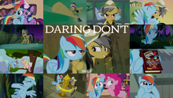 Size: 1964x1105 | Tagged: safe, edit, edited screencap, editor:quoterific, screencap, daring do, fluttershy, pinkie pie, rainbow dash, twilight sparkle, alicorn, pony, daring don't, g4, book, faic, jewelry, ring, rings of scorchero, smug, smugdash, twilight sparkle (alicorn), twilight's castle