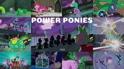 Size: 1964x1105 | Tagged: safe, edit, edited screencap, editor:quoterific, screencap, applejack, fili-second, fluttershy, mane-iac, mistress marevelous, neon brush, pinkie pie, radiance, rainbow dash, rarity, saddle rager, spike, twilight sparkle, zapp, alicorn, pony, g4, power ponies (episode), season 4, flutterhulk, humdrum costume, mane six, masked matter-horn costume, power ponies, twilight sparkle (alicorn)