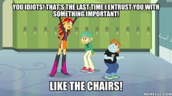 Size: 600x337 | Tagged: safe, edit, edited screencap, screencap, snails, snips, sunset shimmer, equestria girls, g4, my little pony equestria girls, canterlot high, caption, dialogue, female, image macro, male, regular show, text, trio, yelling