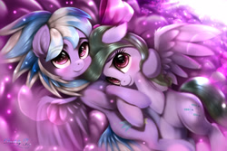Size: 3150x2100 | Tagged: safe, artist:darksly, cloudchaser, flitter, pegasus, pony, g4, big eyes, cloud, cute, eye clipping through hair, female, high res, hug, looking at you, mare, siblings, sisters, wings