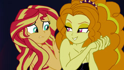 Size: 1920x1080 | Tagged: safe, artist:zarxnos, adagio dazzle, sunset shimmer, cecaelia, mermaid, fanfic:sunset shimmer discovers her feet, equestria girls, g4, crossover, cute, duo, duo female, female, mermaidized, scared, shimmerbetes, species swap, the little mermaid