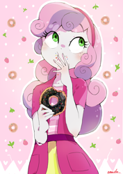 Size: 2480x3508 | Tagged: safe, artist:fuyugi, sweetie belle, equestria girls, blushing, chocolate, cute, diasweetes, donut, eating, female, food, messy eating, solo