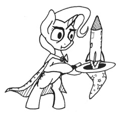 Size: 640x583 | Tagged: safe, artist:ewoudcponies, trixie, pony, unicorn, g4, bipedal, black and white, cape, clothes, female, grayscale, hat, monochrome, rocket, sketch, solo, traditional art, trixie's cape, trixie's hat