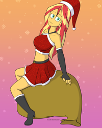 Size: 1280x1600 | Tagged: safe, artist:cadenreigns, sunset shimmer, human, equestria girls, g4, boots, christmas, clothes, costume, female, hat, holiday, midriff, multiple variants, santa costume, santa hat, santa sack, shoes, skirt, solo