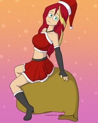 Size: 1280x1600 | Tagged: safe, alternate version, artist:cadenreigns, sunset shimmer, human, equestria girls, g4, boots, christmas, clothes, costume, female, hat, holiday, human coloration, humanized, midriff, multiple variants, santa costume, santa hat, santa sack, shoes, skirt, solo