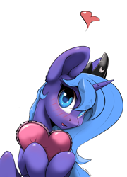 Size: 2156x3000 | Tagged: safe, artist:skitsroom, princess luna, alicorn, pony, g4, blushing, cute, daaaaaaaaaaaw, heart, heart pillow, high res, lunabetes, open mouth, pillow, s1 luna, simple background, solo, white background