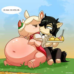 Size: 4000x4000 | Tagged: safe, artist:metalface069, oc, oc:chug-a-lug, earth pony, pony, animal crossing, belly, belly button, big belly, commission, fat, feeding, food, ice cream, merengue, pancakes