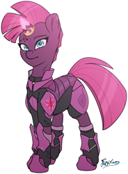 Size: 1350x1830 | Tagged: safe, artist:fluffyxai, tempest shadow, pony, accessories, alternate design, alternate hairstyle, armor, clothes, ear piercing, female, horn, looking at you, magic, magical artifact, mare, piercing, prosthetic horn, prosthetics, redesign, reformed, scar, simple background, solo, standing, tempest gets her horn back, transparent background