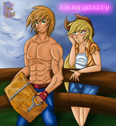 Size: 1426x1541 | Tagged: safe, artist:emmagalaxy, applejack, big macintosh, human, g4, abs, bad anatomy, blushing, breasts, busty applejack, clothes, comic, female, fingerless gloves, gloves, humanized, male, muscles, muscular male, partial nudity, pecs, ship:applemac, shipping, straight, stupid sexy big macintosh, topless