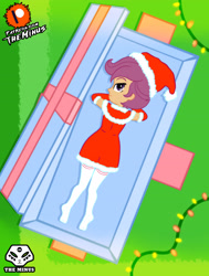 Size: 2650x3507 | Tagged: safe, artist:theminus, scootaloo, human, equestria girls, g4, christmas, christmas lights, christmas tree, clothes, dress, hat, high res, holiday, santa hat, show accurate, socks, stocking feet, stockings, thigh highs, tree