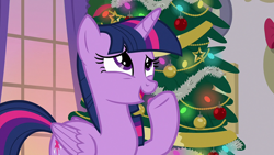 Size: 1920x1080 | Tagged: safe, screencap, twilight sparkle, alicorn, pony, g4, season 8, the hearth's warming club, christmas, christmas tree, cute, female, folded wings, hearth's warming eve, holiday, horn, mare, pointing, solo, tree, twiabetes, twilight sparkle (alicorn), wings