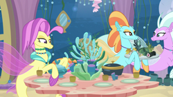 Size: 1280x720 | Tagged: safe, screencap, ocean flow, orchid breeze, sundown horizon, seapony (g4), g4, surf and/or turf, bubble, coral, dorsal fin, female, fin, fin wings, fins, food, jewelry, lidded eyes, looking at each other, looking at someone, looking down, necklace, plate, seaquestria, smiling, tail, tail fin, trio, trio female, underwater, wings