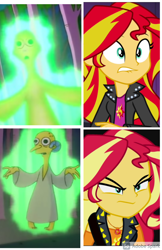 Size: 3300x5100 | Tagged: safe, artist:tjxendlue, edit, edited screencap, screencap, sunset shimmer, equestria girls, g4, annoyed, flashlight (object), glowing, implied mane six, implied sci-twi, male, mr. burns, shocked, story included, surprised, the simpsons, unamused