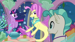 Size: 1280x720 | Tagged: safe, screencap, ocean flow, scootaloo, terramar, twilight sparkle, alicorn, seapony (g4), g4, season 8, surf and/or turf, blue eyes, bubble, clothes, coral, cropped, dishes, dorsal fin, female, fin, fin wings, fins, fish tail, floppy ears, flowing mane, flowing tail, horn, jewelry, looking at each other, looking at someone, male, mare, mothers gonna mother, necklace, ocean, peytral, purple eyes, scales, seaponified, seapony scootaloo, seapony twilight, seaquestria, seaweed, see-through, smiling, smiling at each other, species swap, swimming, tail, teapot, twilight sparkle (alicorn), underwater, water, wings