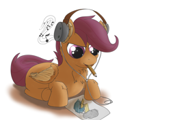 Size: 5016x3541 | Tagged: safe, artist:playful wings, scootaloo, pegasus, pony, g4, chest fluff, drawing, headphones, lying down, mouth hold, music, pencil, prone, solo, underhoof
