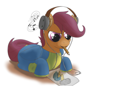 Size: 5016x3541 | Tagged: safe, alternate version, artist:playful wings, scootaloo, pegasus, pony, g4, clothes, drawing, footed sleeper, footie pajamas, headphones, lying down, mouth hold, music, onesie, pajamas, pencil, prone, solo