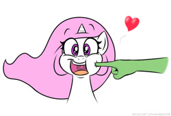 Size: 705x478 | Tagged: safe, artist:banebuster, princess celestia, oc, oc:anon, alicorn, pony, series:tiny tia, g4, cewestia, cheeks, cute, cutelestia, disembodied hand, female, filly, floating heart, hand, happy, heart, offscreen character, open mouth, pink-mane celestia, pleasant surprise, poking, simple background, white background, younger