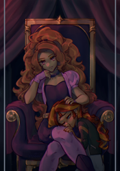 Size: 1396x2000 | Tagged: safe, artist:stummm, adagio dazzle, sunset shimmer, equestria girls, g4, a-domme-gio, bad end, blushing, crossed legs, delicious flat chest, duo, female, femdom, femsub, flatdagio dazzle, head on lap, head pat, large voluminous hair, lesbian, looking at you, nail polish, pat, ship:sunsagio, shipping, submissive, subset, throne