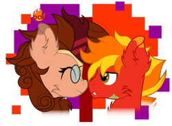 Size: 2136x1560 | Tagged: safe, artist:ragedox, oc, oc only, oc:blazing smart, oc:ragedox, hybrid, kirin, pegasus, pony, boop, brown mane, couple, couples, fangs, glasses, happy, kirin oc, mane of fire, pink eyes, red body, scales, simple background, transparent background