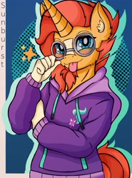 Size: 3024x4096 | Tagged: safe, artist:canvymamamoo, sunburst, unicorn, anthro, g4, :p, abstract background, blushing, clothes, cutie mark, cutie mark on clothes, ear fluff, hoodie, implied starlight glimmer, looking at you, male, smiling, solo, stallion, tongue out