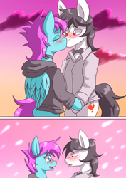 Size: 1700x2400 | Tagged: safe, artist:zachc, oc, oc only, earth pony, pegasus, pony, blushing, bowtie, choker, clothes, duo, female, kissing, looking at each other, male, wings