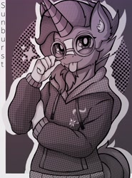Size: 3024x4096 | Tagged: safe, alternate version, artist:canvymamamoo, sunburst, unicorn, anthro, g4, :p, abstract background, blushing, clothes, cutie mark, ear fluff, hoodie, implied starlight glimmer, looking at you, male, monochrome, smiling, solo, stallion, tongue out