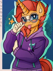 Size: 3024x4096 | Tagged: safe, alternate version, artist:canvymamamoo, sunburst, unicorn, anthro, g4, :p, abstract background, blushing, clothes, cutie mark, ear fluff, hoodie, implied starlight glimmer, looking at you, male, smiling, solo, stallion, tongue out