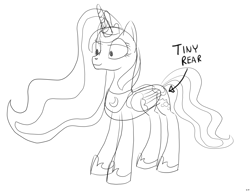 Size: 3840x2930 | Tagged: safe, artist:byteslice, princess luna, alicorn, pony, g4, female, folded wings, high res, mare, monochrome, simple background, sketch, smiling, solo, standing, tiny butt, white background, wings