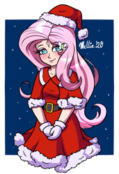 Size: 600x875 | Tagged: safe, artist:melliedraws, fluttershy, equestria girls, g4, blushing, breasts, busty fluttershy, christmas, clothes, costume, cute, female, hat, heart, heart eyes, holiday, looking at you, santa costume, santa hat, shyabetes, smiling, wingding eyes